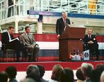 NASA Administrator address the crowd at the Spacelab arrival ceremony in February 1982. On the podium with him is then-Vice President George Bush, the director general of European Space Agency (ESA), Eric Quistgaard, and director of Kennedy Space Center Richard G. Smith