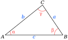 Triangle with notations for points, sides, and angles