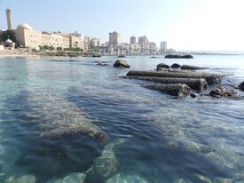 Submerged ancient columns with the skyline of the modern city in the background.