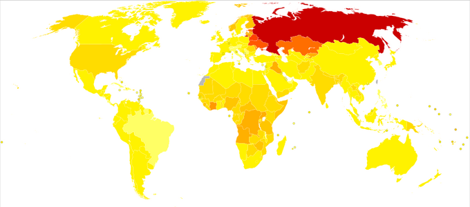 Disability-adjusted life year for poisonings per 100,000 inhabitants in 2004.[18]   no data   <10   10–90   90–170   170–250   250–330   330–410   410–490   490–570   570–650   650–700   700–880   >880