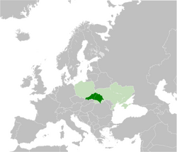 Galicia (dark green) compared with modern-day Poland and Ukraine (light green)