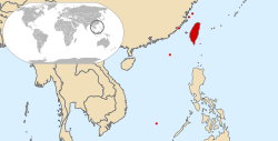 a map of East Asia, with a world map insert, with the island of Taiwan shaded and the other islands circled