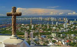 View of the Santa Cruz de Manga Islands, Boca Grande and Castillo Grande, and Tierra Bomba seen from Cerro de la Popa. Cartagena de Indias, Colombia.