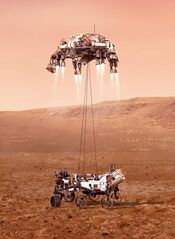 An illustration of Perseverance tethered to the sky crane
