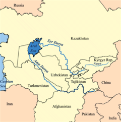 Aral Sea - Map: lake boundaries c. 1960, countries at least partially in the watershed are in yellow.