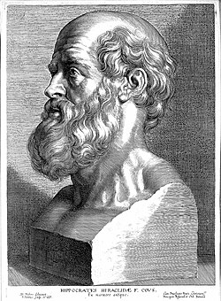 Engraving of a bust of bearded, bald man