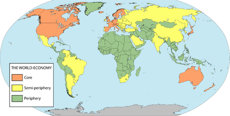 Classification of the countries according to the world-system analysis of I. Wallerstein: core, semi-periphery and periphery.