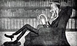 Caricature of middle-aged bearded man at his ease in an armchair