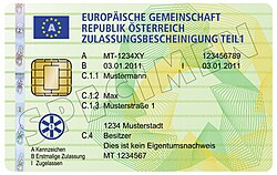 European vehicle registration certificate (Austrian version pictured)