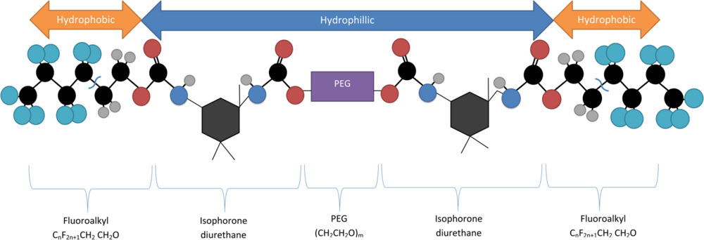Structure of Rf-Polymer used in hydrogel encapsulation of quantum dots. The figure indicates the hydrophobic and hydrophilic regions of the polymer.