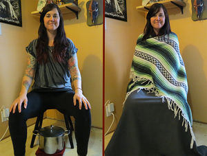 Smiling woman misplaces pot of soup, rests on stool after failed search mission.