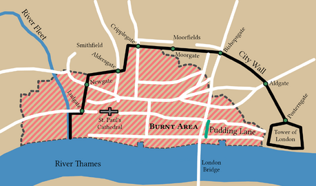 A map showing the extent of the Great Fire of London, which destroyed nearly 80% of the City