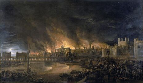 The 1666 Great Fire as depicted in a 17th-century painting: it shows Old London Bridge at left, churches, houses, and the Tower of London at right, as seen from a boat near Tower Wharf