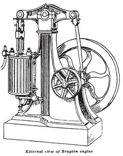 A vintage mechanical device known as the Brayton walking beam engine from the year 1872