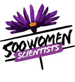 Purple flower and graffit-style letters which read "500 Women Scientists"