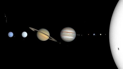 A true-color image of the Solar System with sizes, but not distances, to scale. The order of the planets are from right to left.