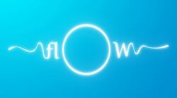 A white, stylized "flOw" is overlaid on a blue background that fades from lighter to darker from left to right.