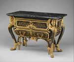 Baroque commode; by André Charles Boulle; c.1710-1732; walnut veneered with ebony and marquetry of engraved brass and tortoiseshell, gilt-bronze mounts, antique marble top; 87.6 x 128.3 x 62.9 cm; Metropolitan Museum of Art (New York City)[54]