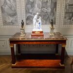 Empire console table; 1804–1814; mahogany, gilded bronze, chiseled gilded bronze and fossil gray marble; 91.5 x 154 x 73.5 cm; Musée des Arts Décoratifs (Paris)[60]