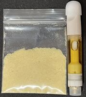 Free base DMT extracted from Mimosa hostilis root bark (left); vape cartridge made with freebase DMT extract (right)