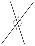Angles A and B, and pair C and D are two pairs of vertical angles. Hatch marks indicate equality between pairs.