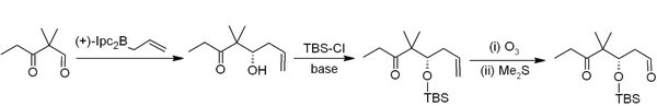 An allyl-α-pineneborate allylates 2,2‑dimethyl-3‑oxopentenal to (5S)-5‑hydroxy-4,4‑dimethyloct-7‑en-3‑one; the alcohol is then protected with tert-butyldimethylsilyl chloride, and the terminal olefin cleaved in reductive ozonolysis with dimethyl sulfide.