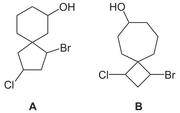 (A) 1-Bromo-3-chlorospiro[4.5]decan-7-ol, and (B) '1-bromo-3-chlorospiro[3.6]decan-7-ol.