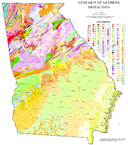 Picture of the U.S. state of Georgia divided up and colored by geologic feature.