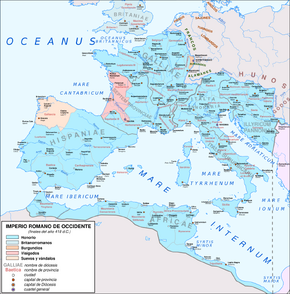 The Western Roman Empire in AD 418, following the abandonment of Britannia and the settlement of the Visigoths, Burgundians, and Suebi within imperial territory as foederati