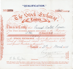 Stock certificate of the London Stock Exchange, issued on 31 March 1920, declared as a qualification share. The capital of the Exchange from its incorporation consisted of 20,000 shares held only by its members, with trustees and directors required to hold 10 qualification shares.