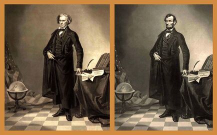 Abraham Lincoln's head superimposed on a print of John C. Calhoun was not discovered for almost a century, when photojournalist Stefan Lorant noticed Lincoln's mole was on the wrong side of his face.[18]
