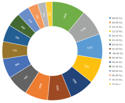 00-04 Yrs. 864, 05-09 Yrs. 1,004, 10-14 Yrs. 1,148, 15-19 Yrs. 1,101, 20-24 Yrs. 1,112, 25-29 Yrs. 1,456, 30-34 Yrs. 1,086, 35-39 Yrs. 1,024, 40-44 Yrs. 942, 45-49 Yrs. 770, 50-54 Yrs. 750, 55-59 Yrs. 604, 60-64 Yrs. 519, 65-69 Yrs. 432, 70-74 Yrs. 353, 75-79 Yrs. 162, 80 Yrs.+ 125