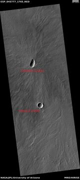 Volcanic crater (upper) and impact crater (lower). Image about 5 km across.