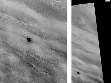 New Impact that formed between March 2000 and July 2003. Scale bar is 500 meters long. Image taken with HiRISE.