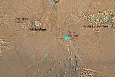 Map of Phoenicis Lacus quadrangle with major features labeled. This area contains two large volcanoes, Pavonis Mons and Arsia Mons, as well as the famous Noctis Labyrinthus canyon system.