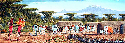 Ndeveni Maasai Moran and Cows at Manyatta-Huge.jpg