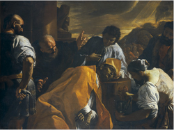 Five people surround a dying man in bishop clothes. A woman collects his blood.