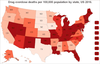 Drug overdose deaths in the US per 100,000 people by state.[49]