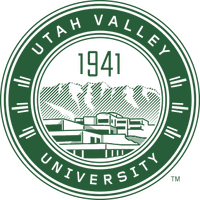 The seal of Utah Valley University, with a representation of the main campus and Mount Timpanogos behind it