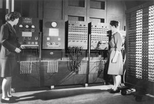 Jean Bartik and Frances Spence setting up the ENIAC.