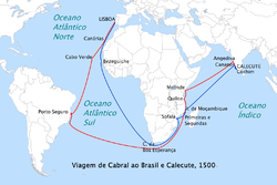 The route followed by Cabral to India in 1500 (in red) and the return route (in blue)