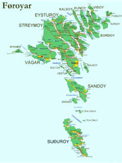 Faroe map with villages, streets, straits, firths, ferry harbours and major moutains.png