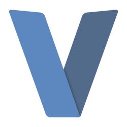 A capitalized letter V colored blue
