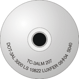 Diagram of a cylinder shoulder with stamp marking: TC3ALM 207 DOT-3AL 3000 LS 10822 LUXFER 08(testing authority stamp)04 S040