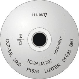 Diagram of a cylinder shoulder with stamp marking: TC3ALM 207 DOT-3AL 3000 P1576 LUXFER 01(testing authority stamp)93 S80 and date stamps for 3 hydrostatic tests