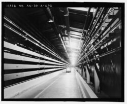 Utility passageway between two buildings of a Ballistic Missile Early Warning System site in Alaska.