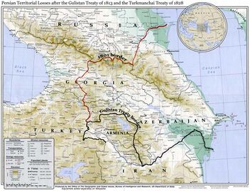 A map showing the 19th-century northwestern borders of Iran, comprising modern-day eastern Georgia, Dagestan, Armenia, and the Republic of Azerbaijan, before being ceded to the neighboring Russian Empire by the Russo-Iranian wars.