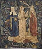 The three fates, Clotho, Lachesis and Atropos, who spin, draw out and cut the thread of life. (Flemish tapestry, Victoria and Albert Museum, London)