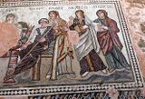 Late second-century AD Greek mosaic from the House of Theseus at Paphos Archaeological Park on Cyprus showing the three Moirai: Klotho, Lachesis, and Atropos, standing behind Peleus and Thetis, the parents of Achilles.