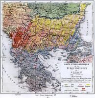 Pro-Greek map of the ethnic composition of the Balkans in 1877 by A. Synvet, a renowned French professor of the Ottoman Lyceum of Constantinople[27]